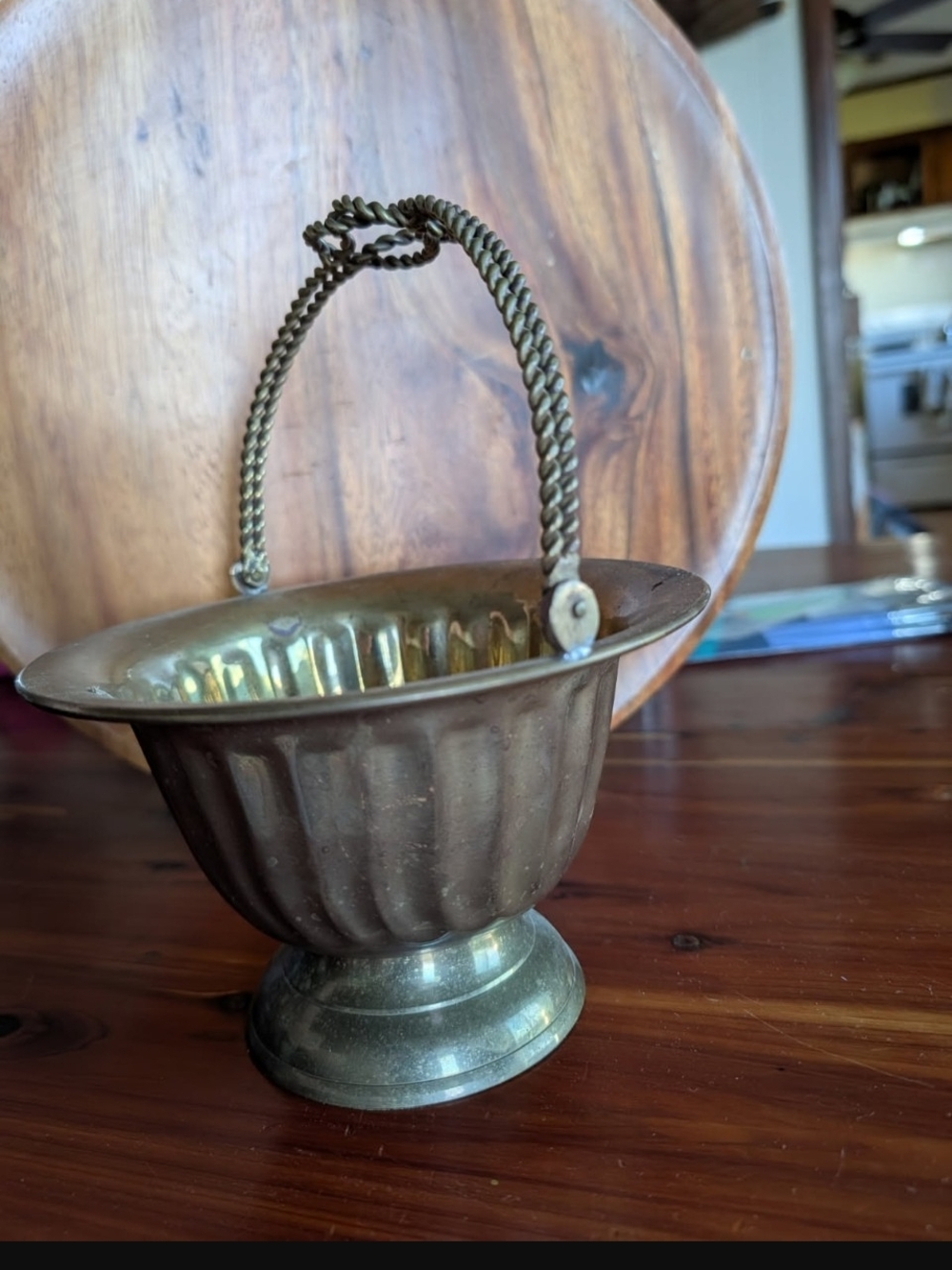 Vintage Brass Decorative Pedestal Basket with Twisted Handle